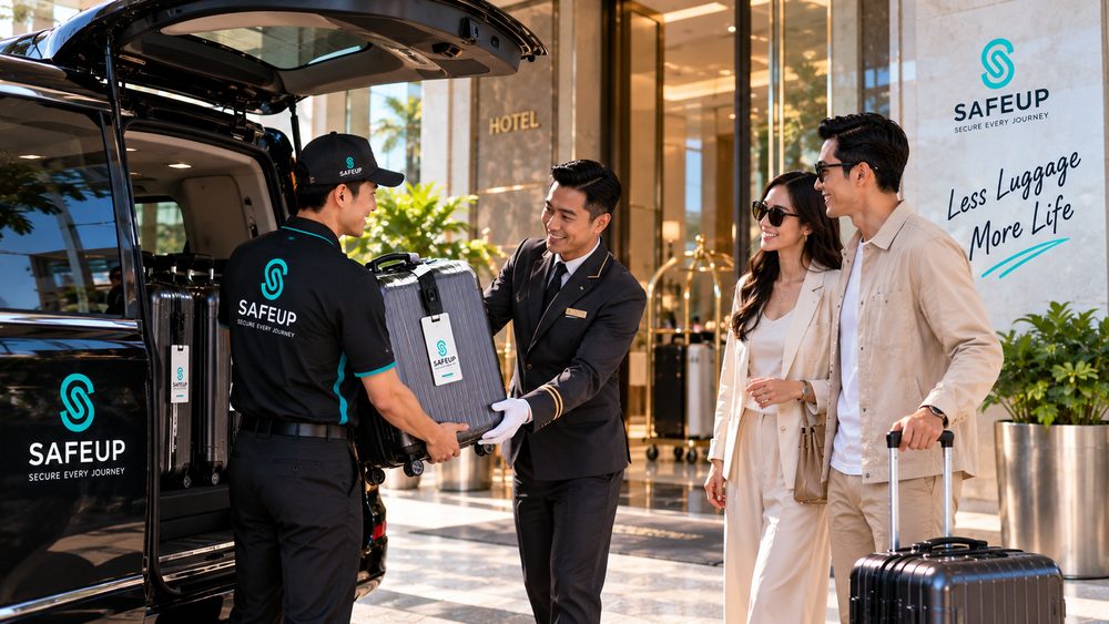 SAFEUP crew collecting a guest's suitcases from a hotel for the flight home.