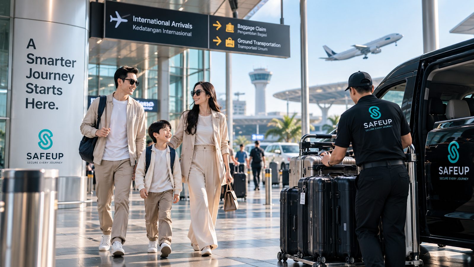 A family walking out of international arrivals while a SAFEUP crew member loads their suitcases into a waiting vehicle.