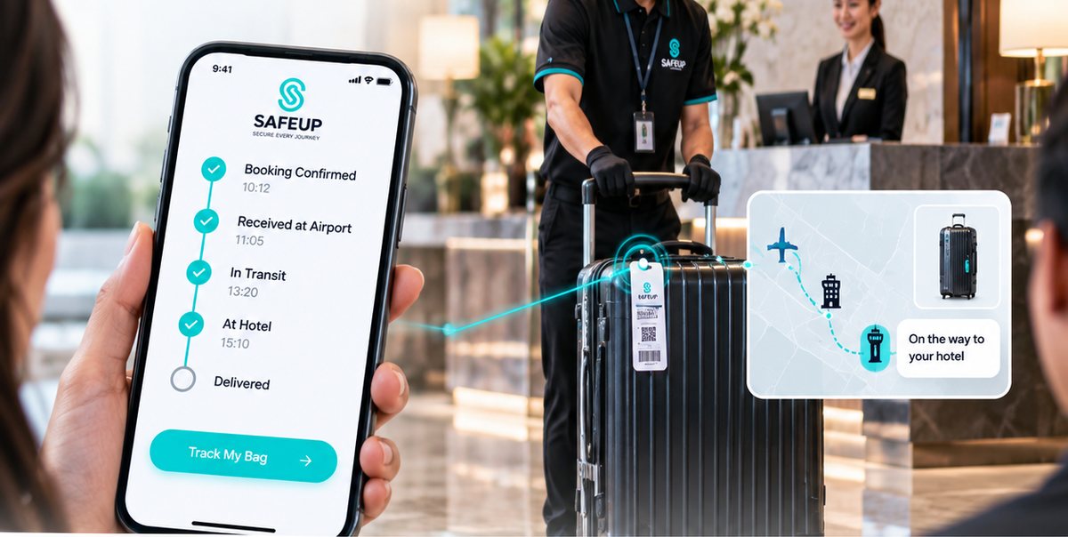 A guest watching their bag move through the SAFEUP app while crew wheel it into a hotel lobby.